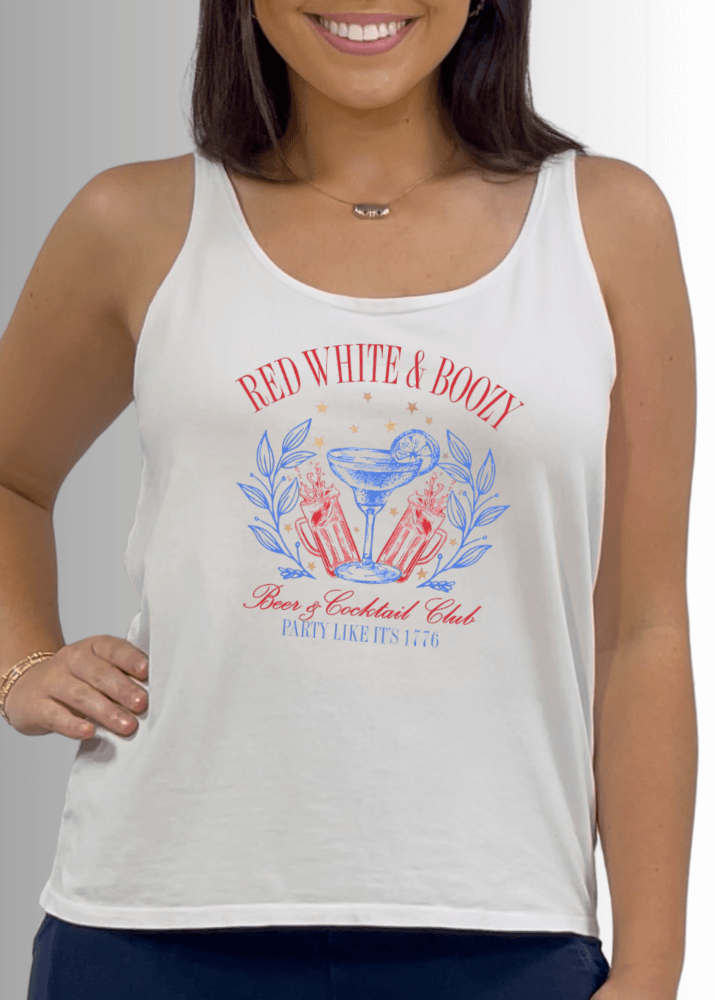Made in USA Red White Boozy Graphic Patriotic Tank Top, Perfect for 4th of July, Twenty Four Seven Tank Top | Women's Sustainable and durable premium America-made cotton tank top, in Garment Washed White, Wide Round Neck, Loose Fit, Perfect for Layering | Classy Cozy Cool Style C11315