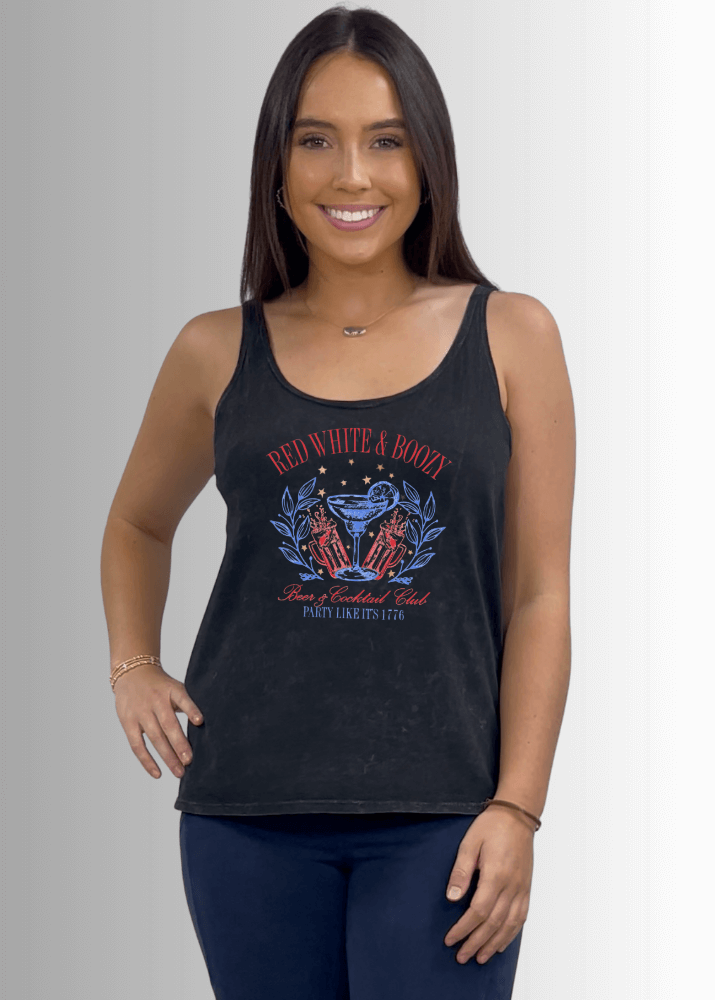 Made in USA Red White Boozy Graphic Patriotic Tank Top, Perfect for 4th of July, Twenty Four Seven Tank Top | Women's Sustainable and durable premium America-made cotton tank top, in Garment Washed Black, Wide Round Neck, Loose Fit, Perfect for Layering | Classy Cozy Cool Style C11315