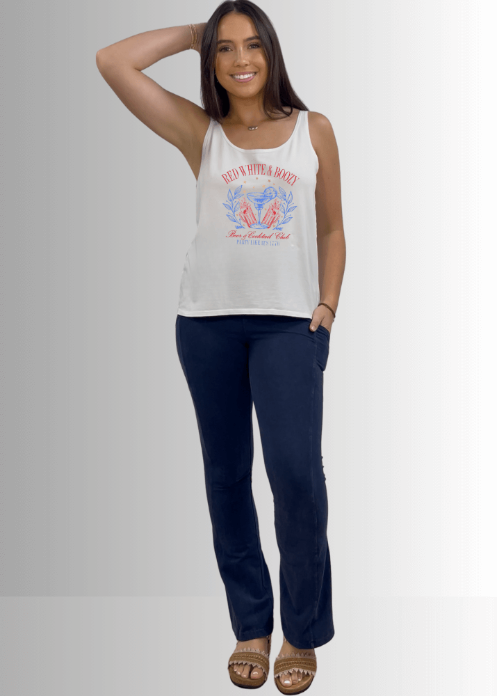 Made in USA Red White Boozy Graphic Patriotic Tank Top, Perfect for 4th of July, Twenty Four Seven Tank Top | Women's Sustainable and durable premium America-made cotton tank top, in Garment Washed White, Wide Round Neck, Loose Fit, Perfect for Layering | Classy Cozy Cool Style C11315