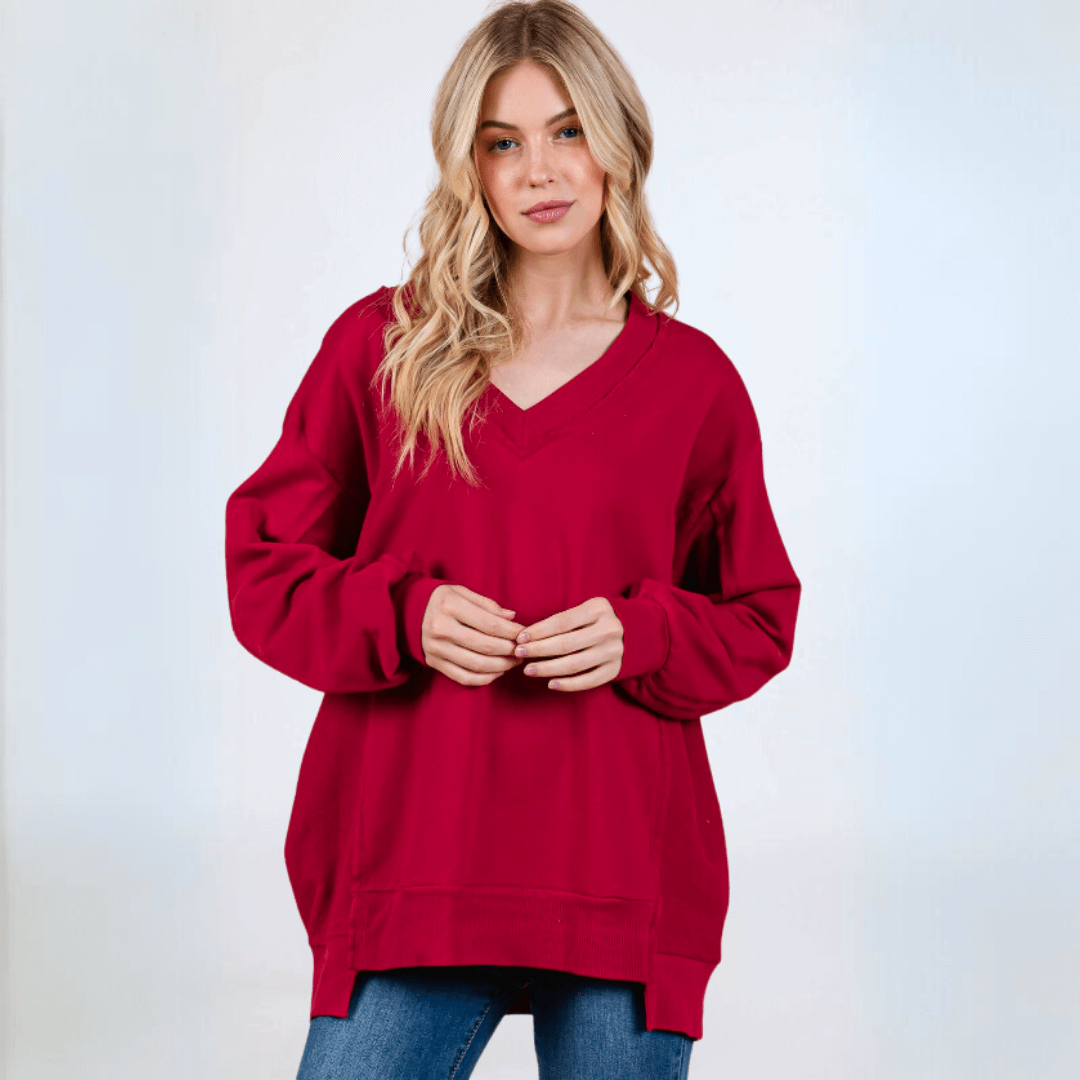 Women's Red Oversized V-Neck Cozy Sweatshirt Made in USA