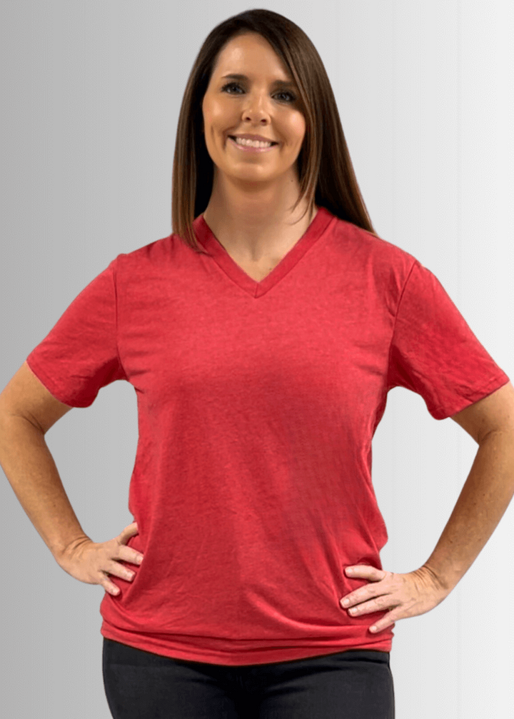 Made in USA Women's V-Neck Short Sleeves Longer Length, Vintage Soft Feel Tee Shirt Available in Indigo Blue and Cardinal Red 50% Cotton 50% Polyester