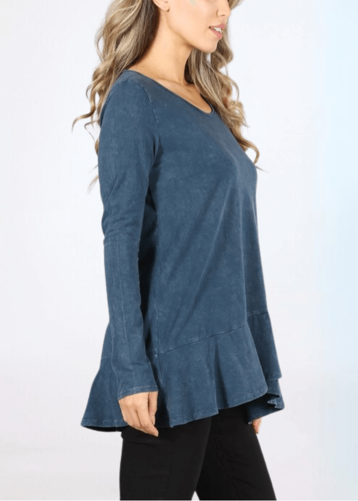 USA Made Ladies High Low Hem Casual Long Sleeve Cotton Tee in Mineral Washed Denim Blue | Classy Cozy Cool Women's Made in America Boutique