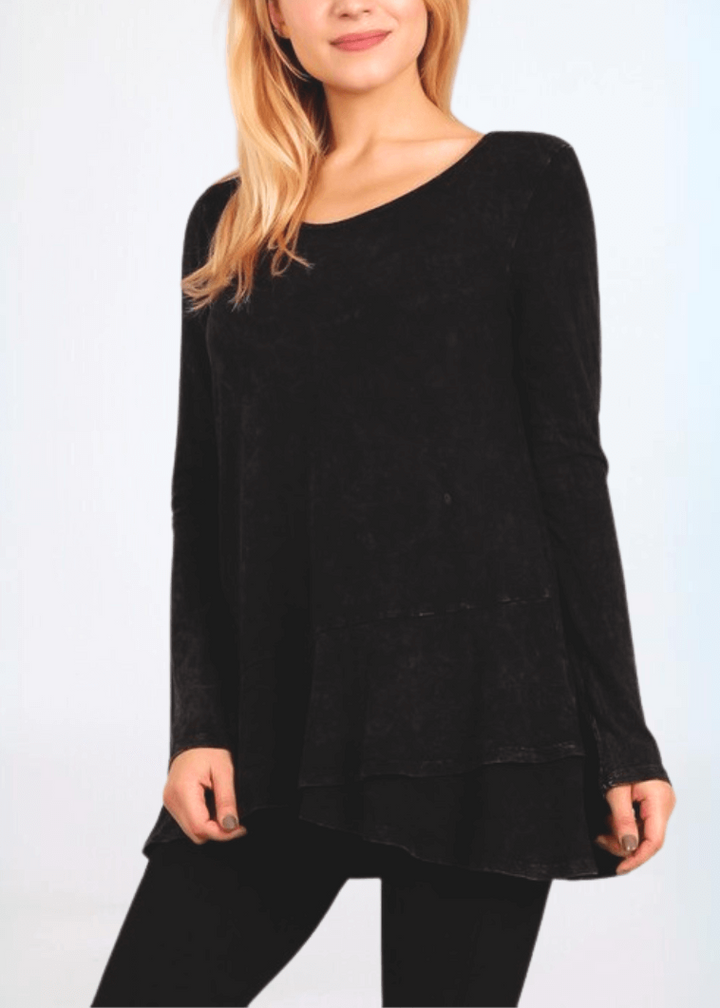 USA Made Ladies High Low Hem Casual Long Sleeve Cotton Tee in Mineral Washed Black | Classy Cozy Cool Women's Made in America Boutique