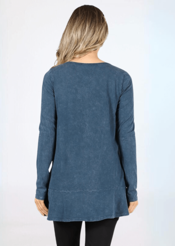 USA Made Ladies High Low Hem Casual Long Sleeve Cotton Tee in Mineral Washed Denim Blue | Classy Cozy Cool Women's Made in America Boutique