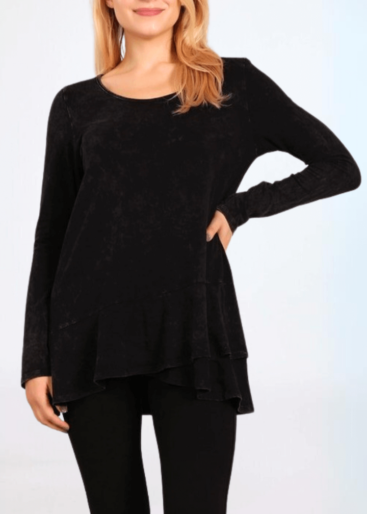 USA Made Ladies High Low Hem Casual Long Sleeve Cotton Tee in Mineral Washed Black | Classy Cozy Cool Women's Made in America Boutique