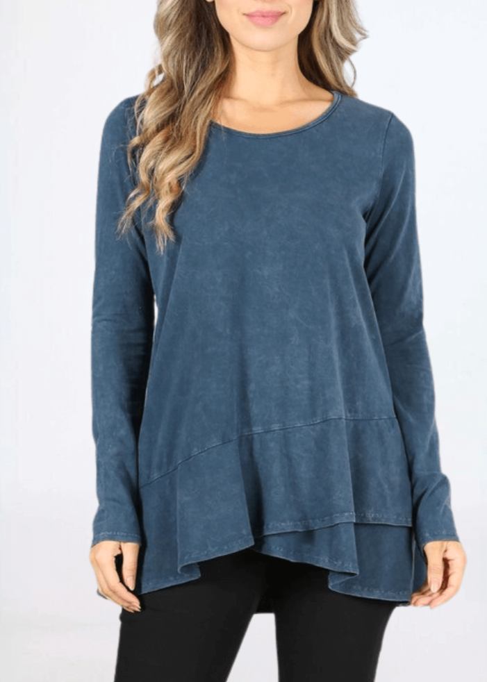 USA Made Ladies High Low Hem Casual Long Sleeve Cotton Tee in Mineral Washed Denim Blue | Classy Cozy Cool Women's Made in America Boutique