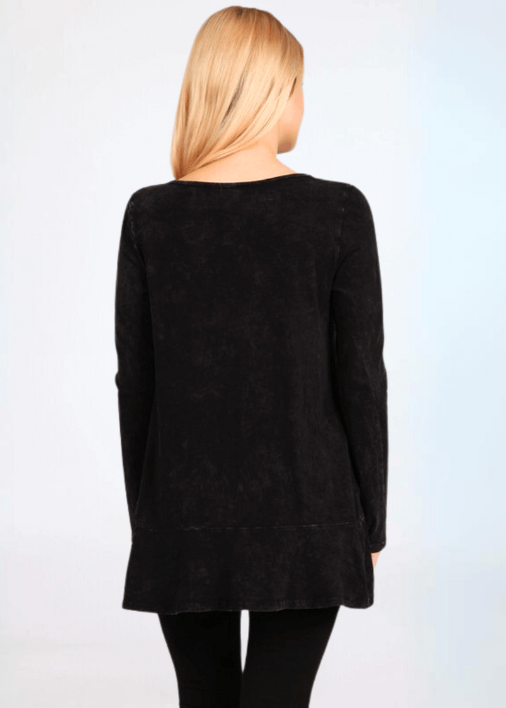 USA Made Ladies High Low Hem Casual Long Sleeve Cotton Tee in Mineral Washed Black | Classy Cozy Cool Women's Made in America Boutique
