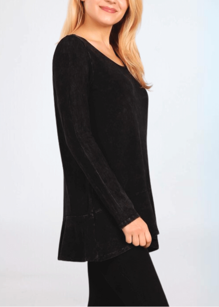 USA Made Ladies High Low Hem Casual Long Sleeve Cotton Tee in Mineral Washed Black | Classy Cozy Cool Women's Made in America Boutique
