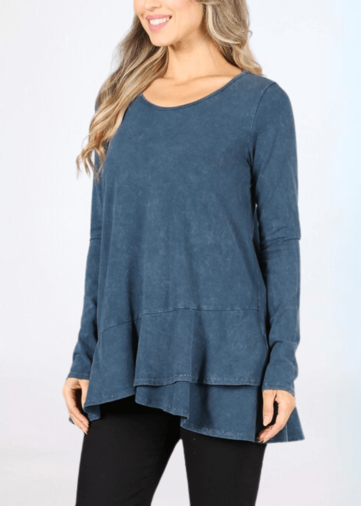 USA Made Ladies High Low Hem Casual Long Sleeve Cotton Tee in Mineral Washed Denim Blue | Classy Cozy Cool Women's Made in America Boutique