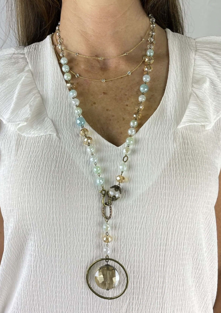 USA Made Natural Stone Beaded Necklace Glass Encircled Pendant Wear Long or Short | Fashion Jewelry Handmade in Texas by Carol Su | Made in America Boutique