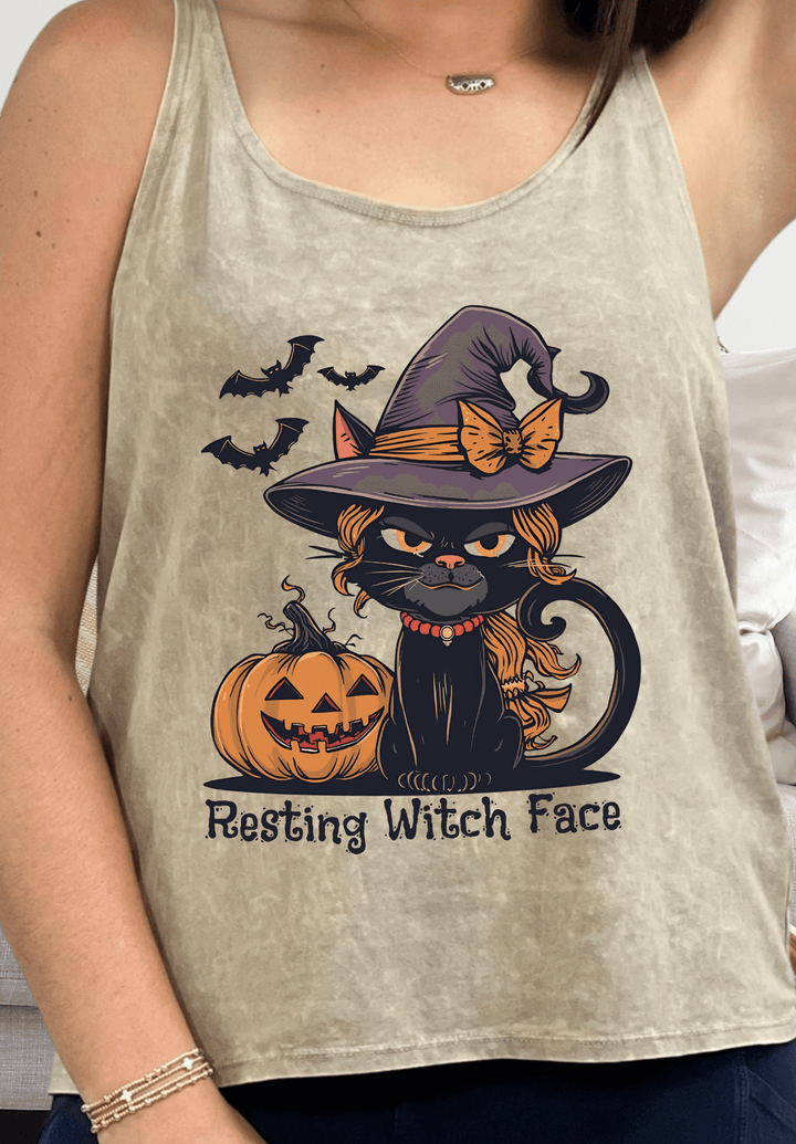 Made in USA Women's "Resting Witch Face" Halloween Graphic Sustainable durable premium America-made cotton tank top, Wide Round Neck, Loose Fit
