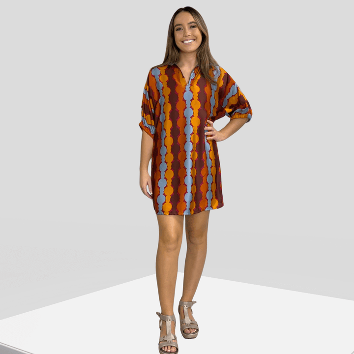 Made in USA Women's Geometric Print Mini Dress, Can be Worn as a Tunic, V-Neck, Stand Collar, Fully Lined, Oversized Fit, Satin Material | Classy Cozy Cool Made in America Boutique