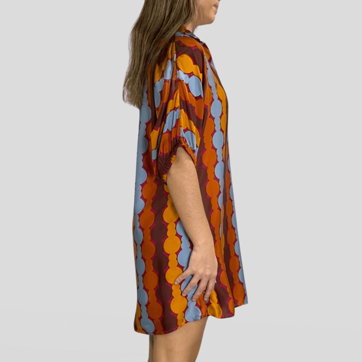 Made in USA Women's Geometric Print Mini Dress, Can be Worn as a Tunic, V-Neck, Stand Collar, Fully Lined, Oversized Fit, Satin Material | Classy Cozy Cool Made in America Boutique