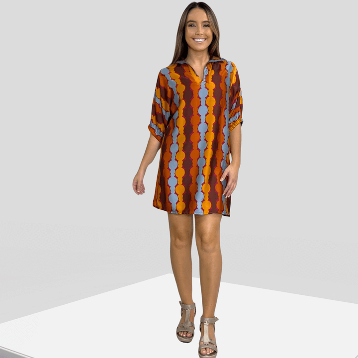 Made in USA Women's Geometric Print Mini Dress, Can be Worn as a Tunic, V-Neck, Stand Collar, Fully Lined, Oversized Fit, Satin Material | Classy Cozy Cool Made in America Boutique