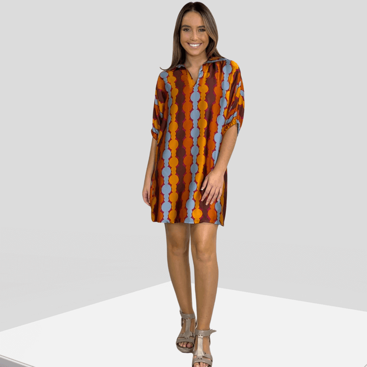 Made in USA Women's Geometric Print Mini Dress, Can be Worn as a Tunic, V-Neck, Stand Collar, Fully Lined, Oversized Fit, Satin Material | Classy Cozy Cool Made in America Boutique