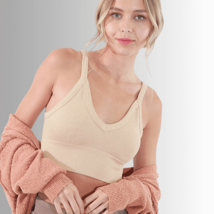 Niki Biki Ladies Fitted Vintage V-Neck Ribbed Bra Top Style NS8120  in Several Color Options | Made in USA | Classy Cozy Cool Women's Made in America Boutique