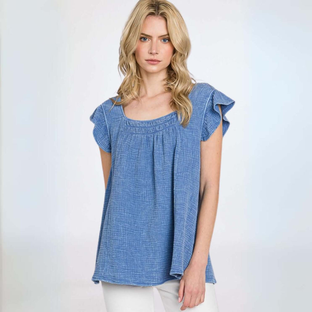 USA Made Women's Premium 100% Cotton Gauze Loose Fit Top with Ruffled Cap Sleeves in Blue | Classy Cozy Cool Made in America Clothing Boutique