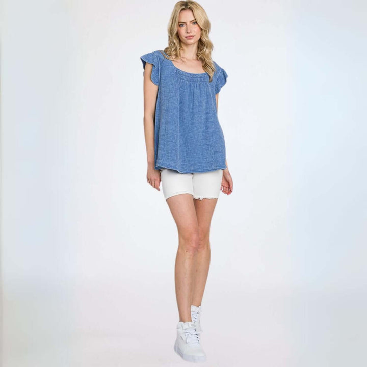 USA Made Women's Premium 100% Cotton Gauze Loose Fit Top with Ruffled Cap Sleeves in Blue | Classy Cozy Cool Made in America Clothing Boutique