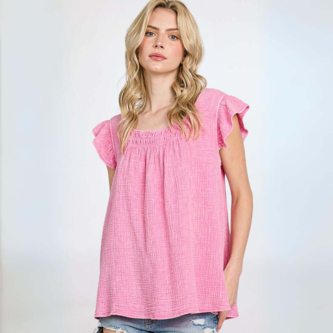 USA Made Women's Premium 100% Cotton Gauze Loose Fit Top with Ruffled Cap Sleeves in Pink | Classy Cozy Cool Made in America Clothing Boutique