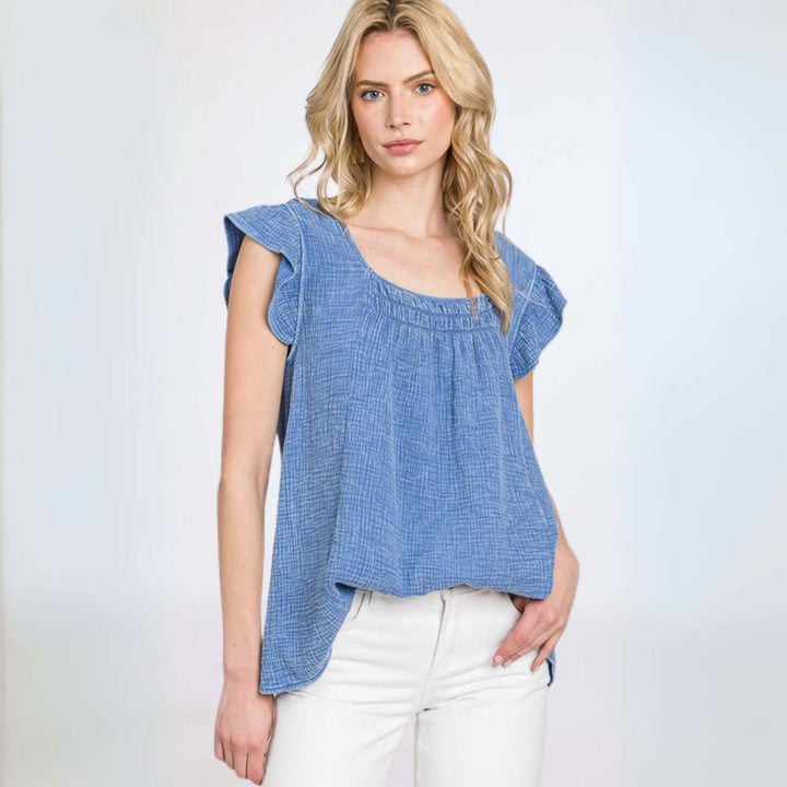 USA Made Women's Premium 100% Cotton Gauze Loose Fit Top with Ruffled Cap Sleeves in Blue | Classy Cozy Cool Made in America Clothing Boutique