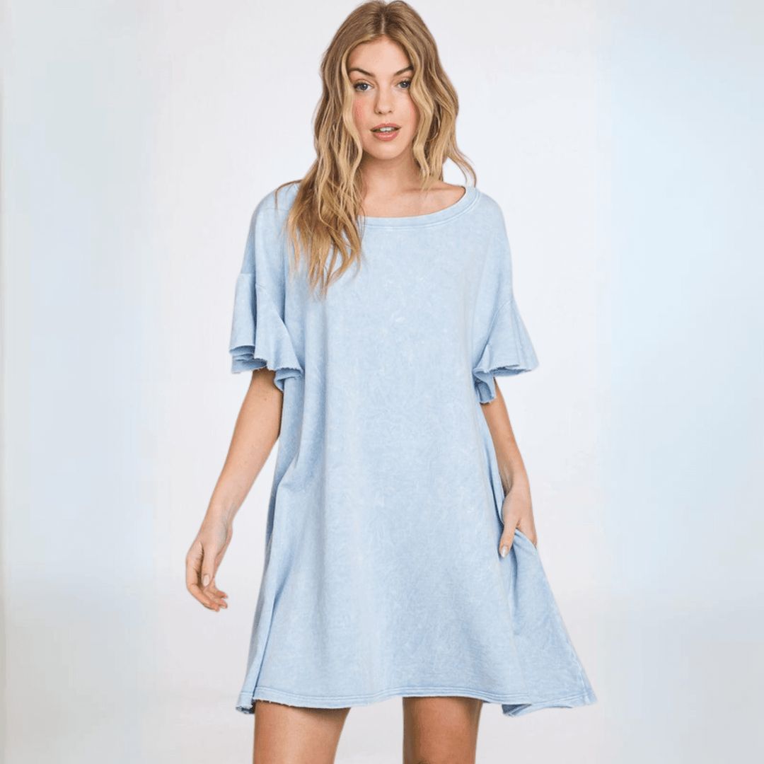 USA Made Women's Light Blue Baby Doll Mineral Washed Cotton French Terry Dress Mini Dress with Ruffled Sleeves Premium Quality | Classy Cozy Cool Made in America Boutique