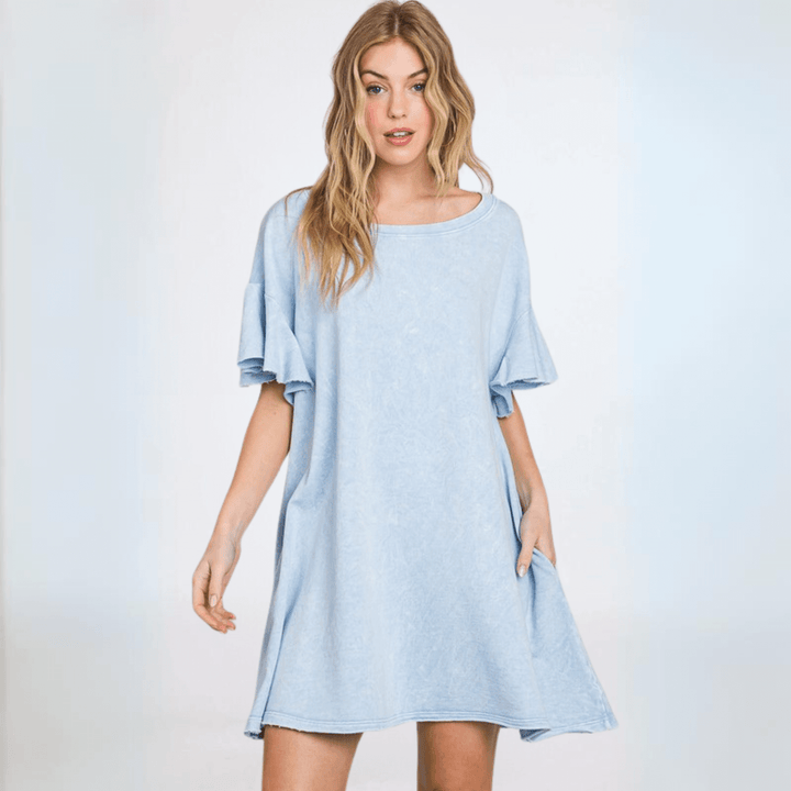 USA Made Women's Light Blue Baby Doll Mineral Washed Cotton French Terry Dress Mini Dress with Ruffled Sleeves Premium Quality | Classy Cozy Cool Made in America Boutique