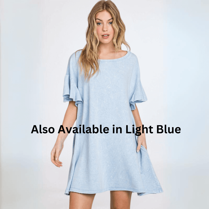 USA Made Women's Light Blue Baby Doll Mineral Washed Cotton French Terry Dress Mini Dress with Ruffled Sleeves Premium Quality | Classy Cozy Cool Made in America Boutique
