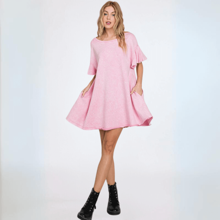 USA Made Women's Pink Baby Doll Mineral Washed Cotton French Terry Dress Mini Dress with Ruffled Sleeves Premium Quality | Classy Cozy Cool Made in America Boutique