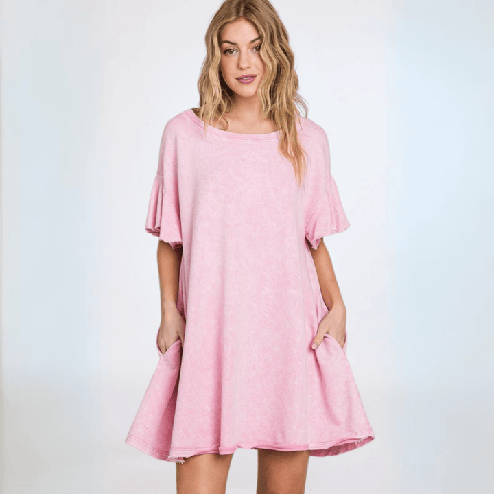 USA Made Women's Pink Baby Doll Mineral Washed Cotton French Terry Dress Mini Dress with Ruffled Sleeves Premium Quality | Classy Cozy Cool Made in America Boutique