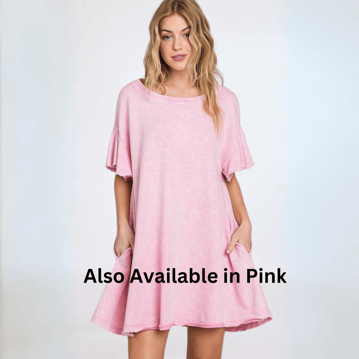 USA Made Women's Pink Baby Doll Mineral Washed Cotton French Terry Dress Mini Dress with Ruffled Sleeves Premium Quality | Classy Cozy Cool Made in America Boutique