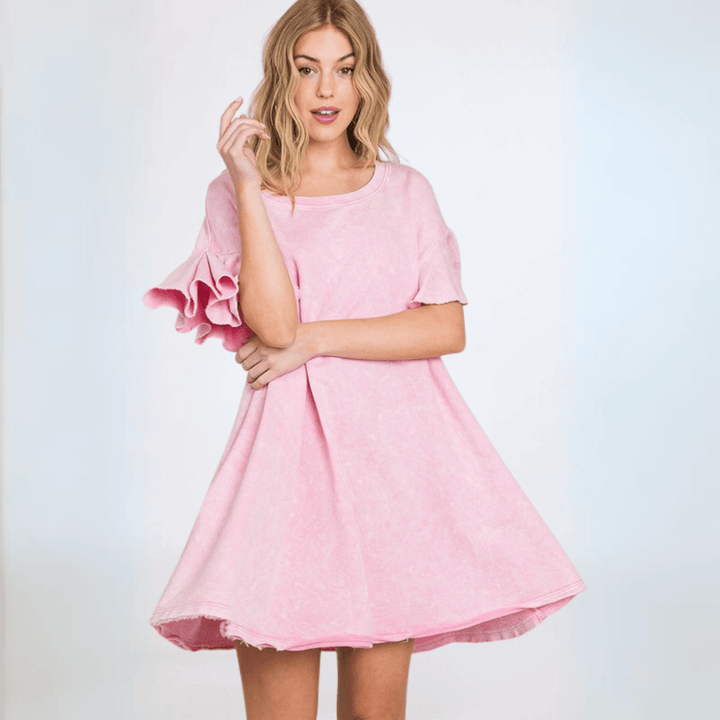 USA Made Women's Pink Baby Doll Mineral Washed Cotton French Terry Dress Mini Dress with Ruffled Sleeves Premium Quality | Classy Cozy Cool Made in America Boutique