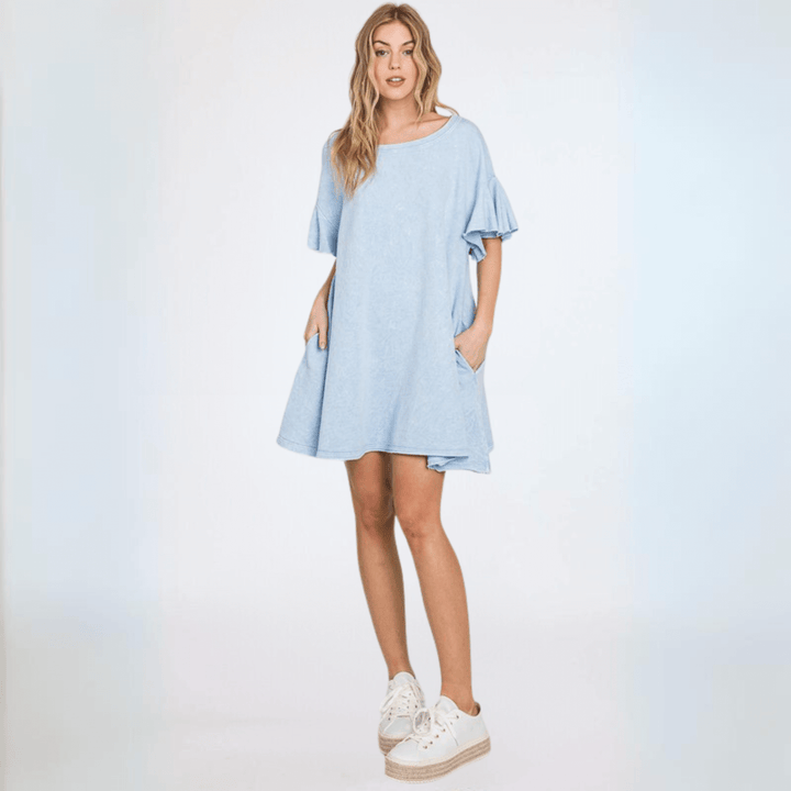 USA Made Women's Light Blue Baby Doll Mineral Washed Cotton French Terry Dress Mini Dress with Ruffled Sleeves Premium Quality | Classy Cozy Cool Made in America Boutique