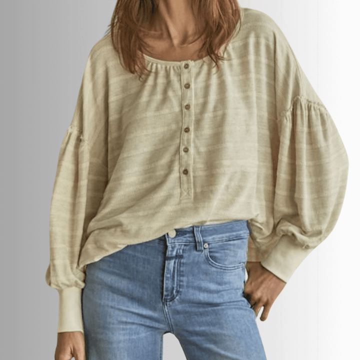 Ladies Knit Thermal Striped Long Sleeve Henley Oversized Boxy Top in Oatmeal Color | By Together Style# RJ2504 |Made in USA | Classy Cozy Cool Women's Made in America Online Clothing Boutique