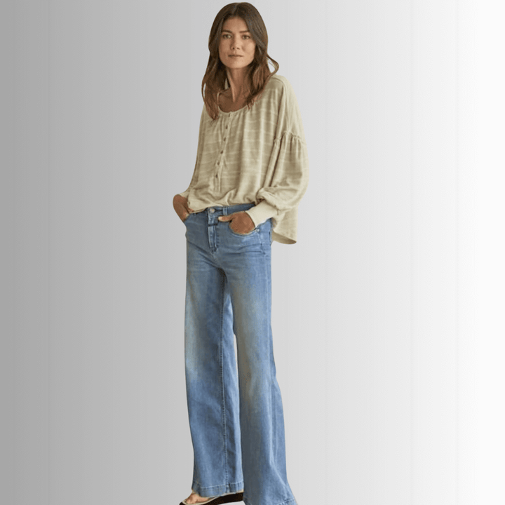 Ladies Knit Thermal Striped Long Sleeve Henley Oversized Boxy Top in Oatmeal Color | By Together Style# RJ2504 |Made in USA | Classy Cozy Cool Women's Made in America Online Clothing Boutique
