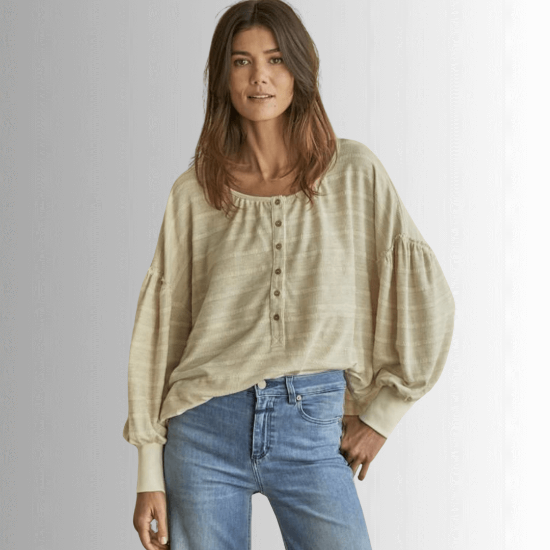 Ladies Knit Thermal Striped Long Sleeve Henley Oversized Boxy Top in Oatmeal Color | By Together Style# RJ2504 |Made in USA | Classy Cozy Cool Women's Made in America Online Clothing Boutique