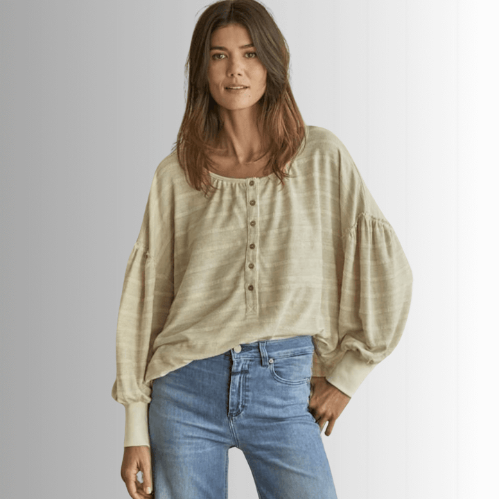 Ladies Knit Thermal Striped Long Sleeve Henley Oversized Boxy Top in Oatmeal Color | By Together Style# RJ2504 |Made in USA | Classy Cozy Cool Women's Made in America Online Clothing Boutique