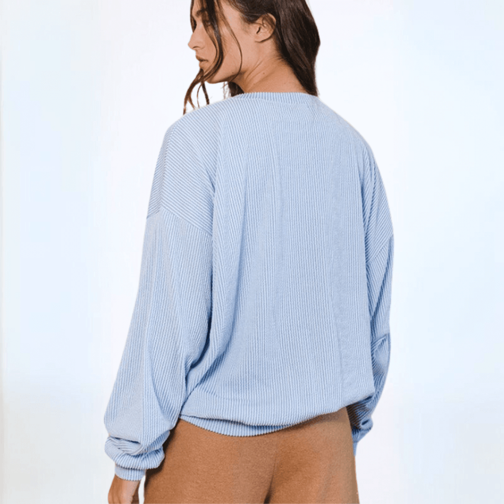 Made in USA Ribbed Textured Women's Light Blue Graphic "SAVED BY GRACE" Oversized Sweatshirt | Bucket List Style T1770