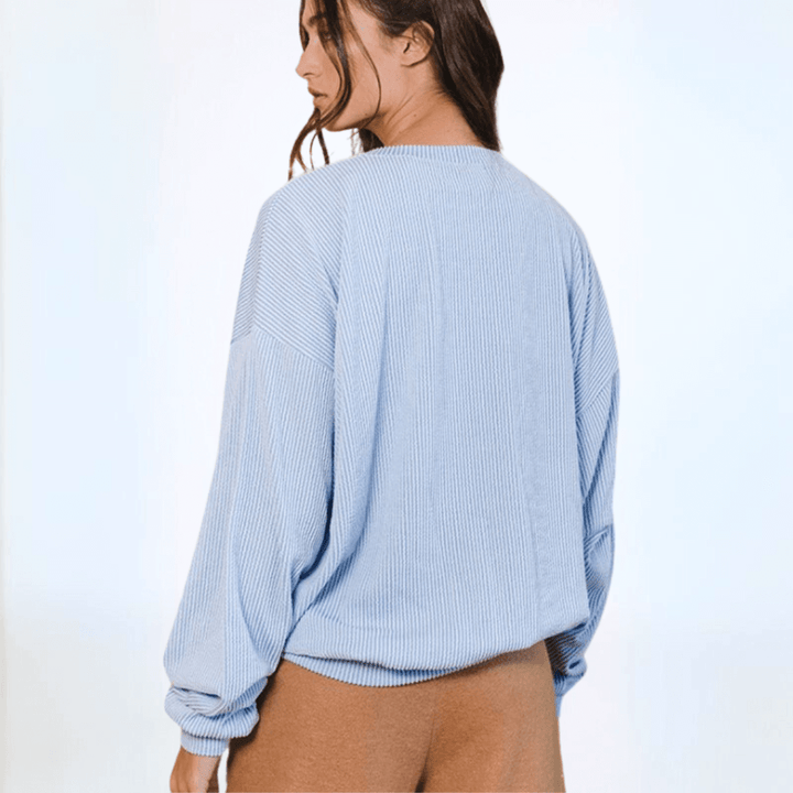 Made in USA Ribbed Textured Women's Light Blue Graphic "SAVED BY GRACE" Oversized Sweatshirt | Bucket List Style T1770