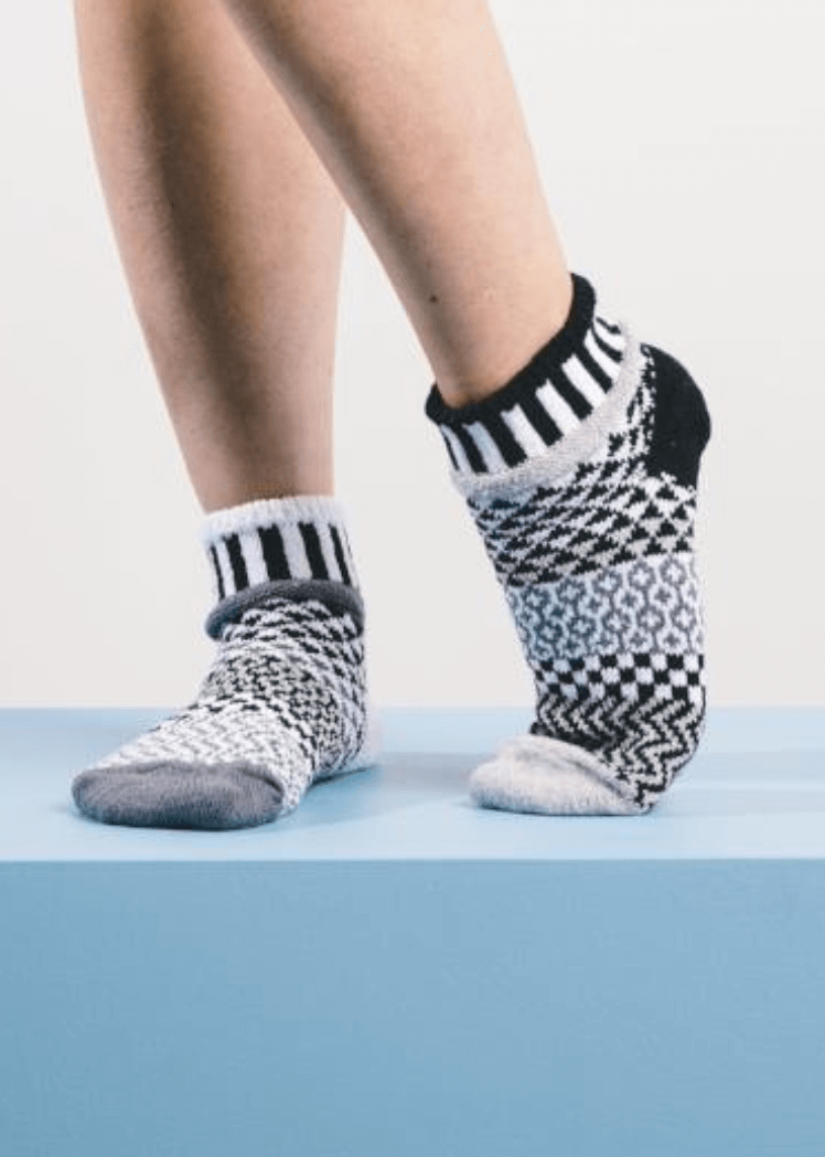Solmate MIDNIGHT Black & White Knitted Quarter Socks | Made In USA | Delightfully Mismatched & so Very Comfortable.  Classy Cozy Cool Women's Boutique.