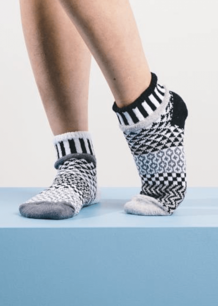 Solmate MIDNIGHT Black & White Knitted Quarter Socks | Made In USA | Delightfully Mismatched & so Very Comfortable.  Classy Cozy Cool Women's Boutique.