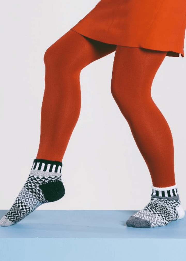 Solmate MIDNIGHT Black & White Knitted Quarter Socks | Made In USA | Delightfully Mismatched & so Very Comfortable.  Classy Cozy Cool Women's Boutique.