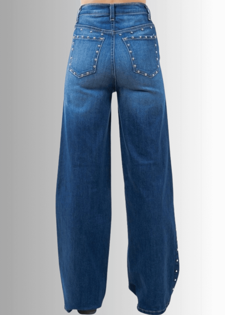 Made in USA - Introducing the Camila Wide Leg High Rise Studded Jean! These jeans are made from premium 11 Ounce Soft Stretch Rich denim that offers both durability and comfort. Long 33" Inseam.