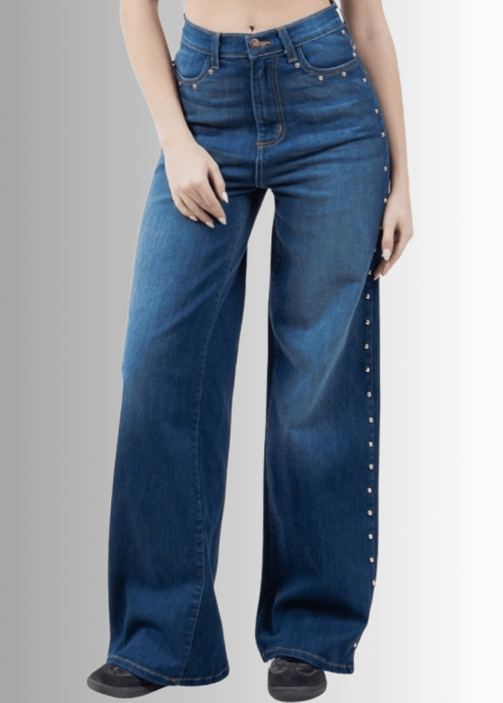 Made in USA - Introducing the Camila Wide Leg High Rise Studded Jean! These jeans are made from premium 11 Ounce Soft Stretch Rich denim that offers both durability and comfort. Long 33" Inseam.