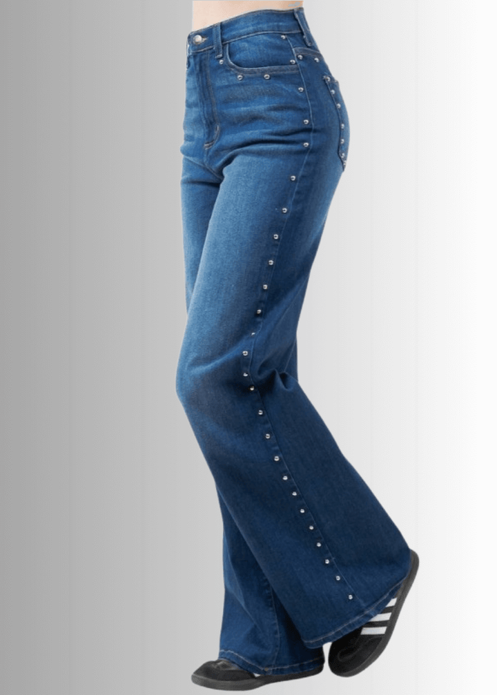 Made in USA - Introducing the Camila Wide Leg High Rise Studded Jean! These jeans are made from premium 11 Ounce Soft Stretch Rich denim that offers both durability and comfort. Long 33" Inseam.