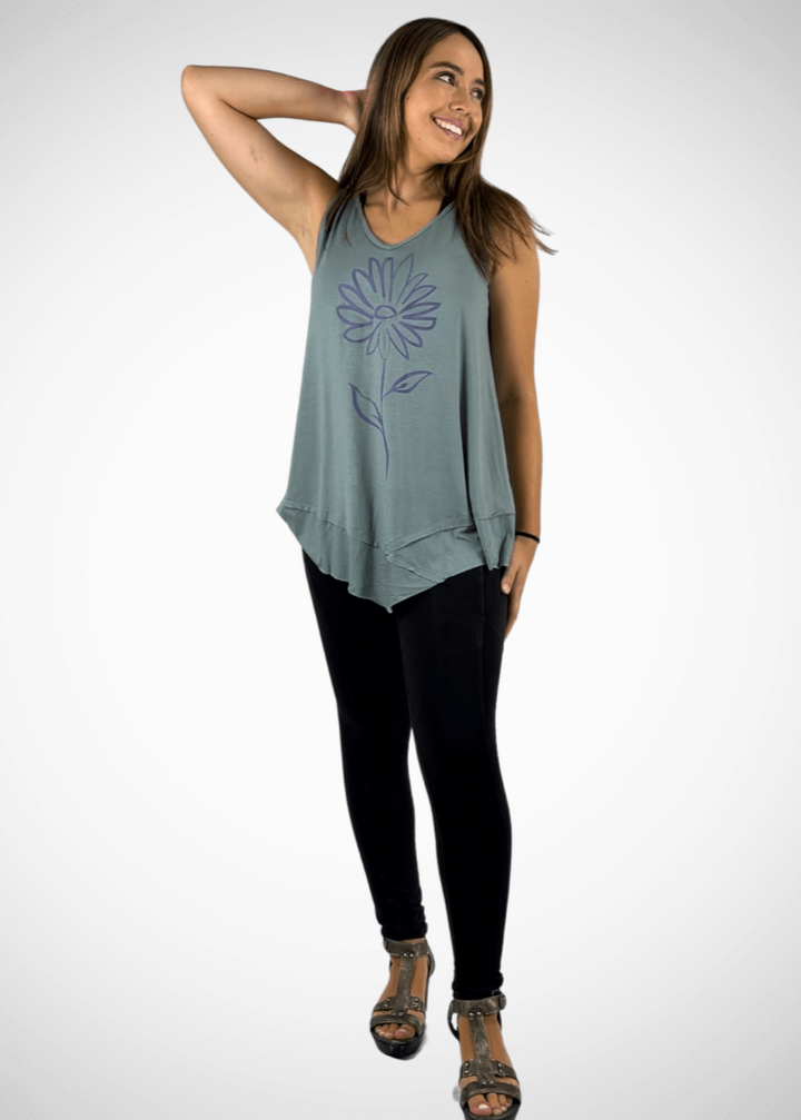 USA Made Women's Daisy Flower Graphic Light Sage Sleeveless V-Neck Asymmetrical Top  | Classy Cozy Cool Women's American Made Boutique