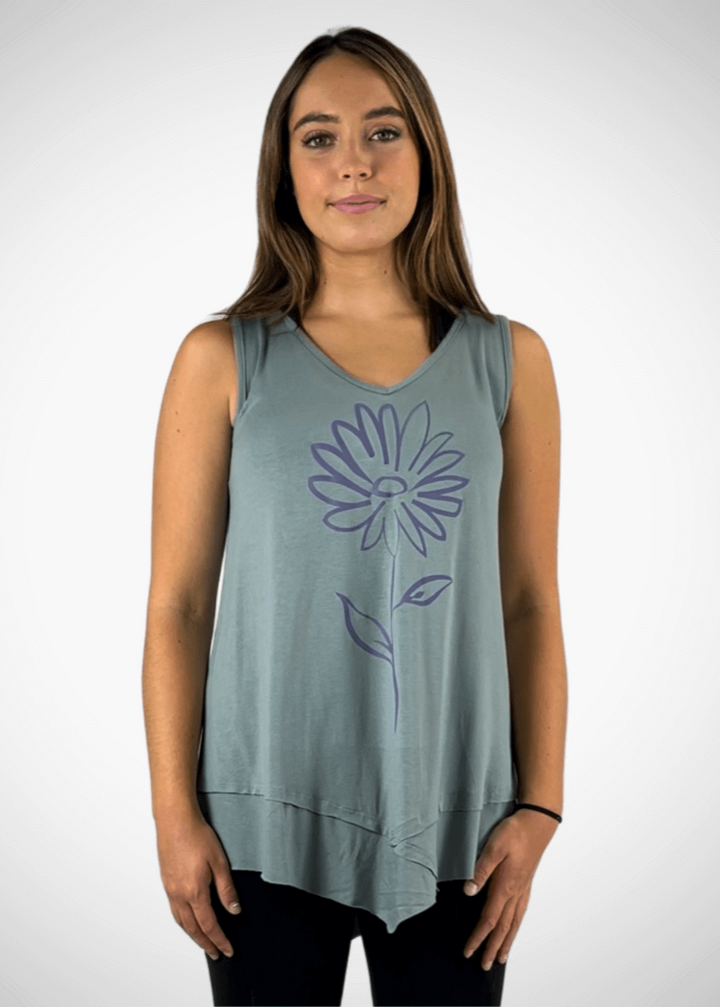 USA Made Women's Daisy Flower Graphic Light Sage Sleeveless V-Neck Asymmetrical Top  | Classy Cozy Cool Women's American Made Boutique
