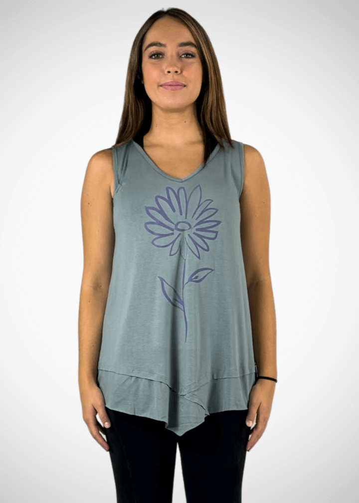 USA Made Women's Daisy Flower Graphic Light Sage Sleeveless V-Neck Asymmetrical Top  | Classy Cozy Cool Women's American Made Boutique