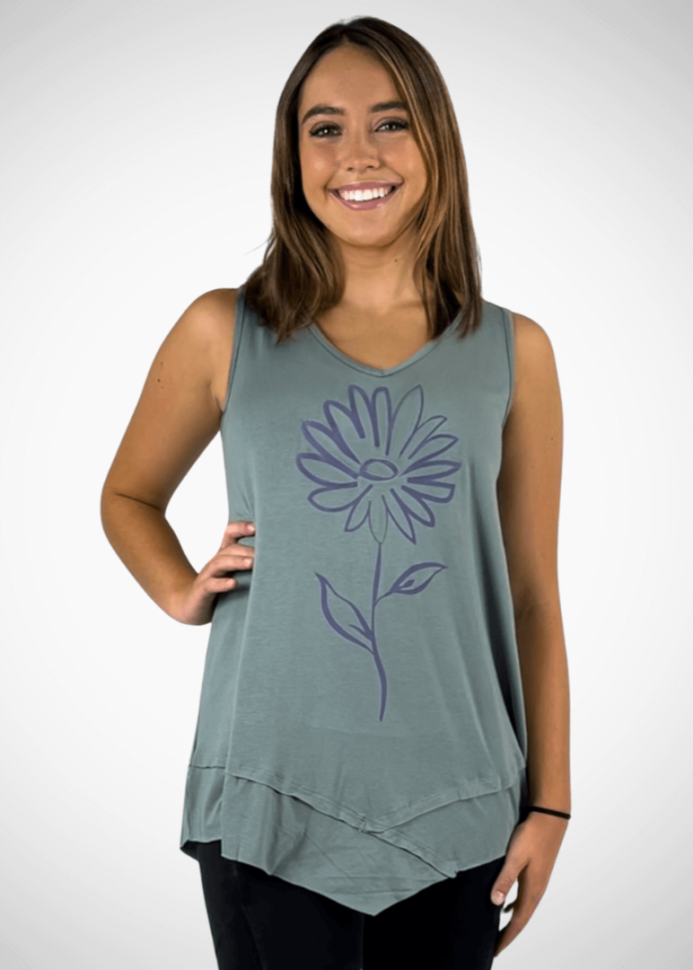 USA Made Women's Daisy Flower Graphic Light Sage Sleeveless V-Neck Asymmetrical Top  | Classy Cozy Cool Women's American Made Boutique