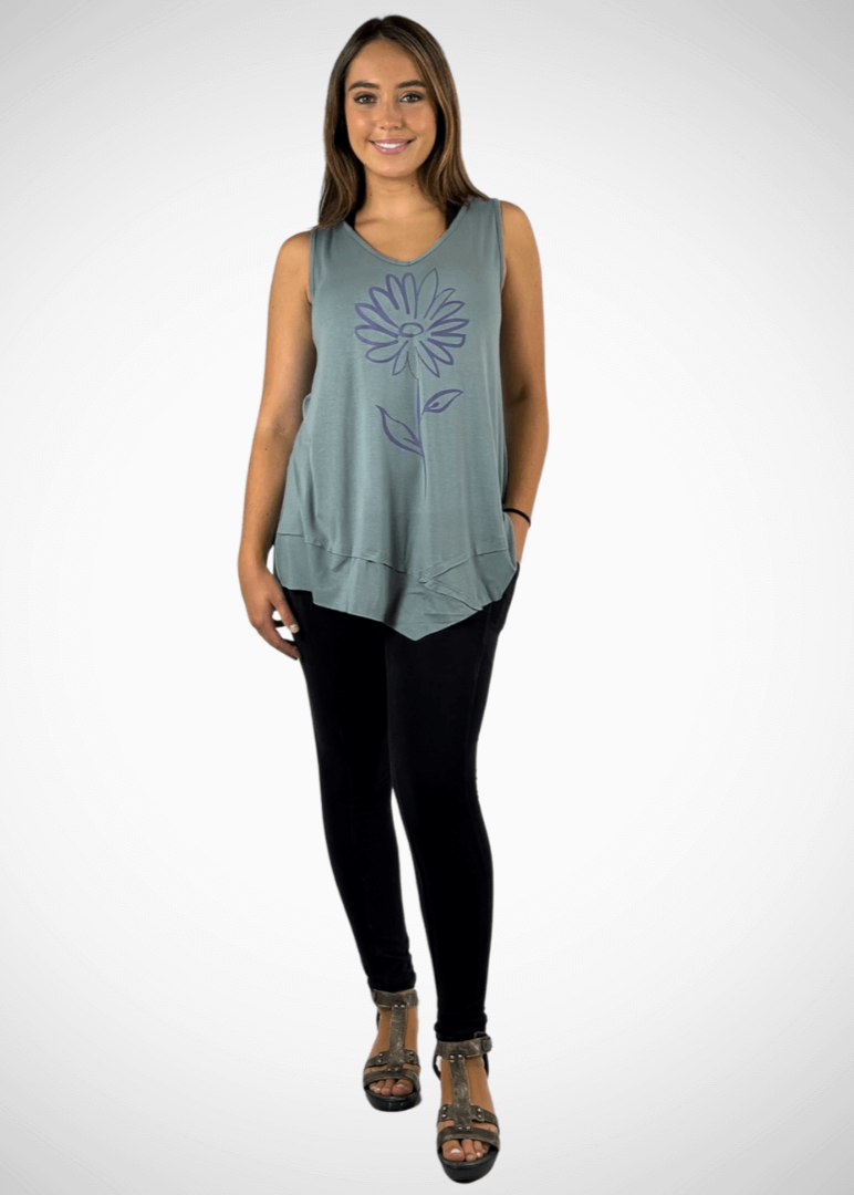 USA Made Women's Daisy Flower Graphic Light Sage Sleeveless V-Neck Asymmetrical Top  | Classy Cozy Cool Women's American Made Boutique