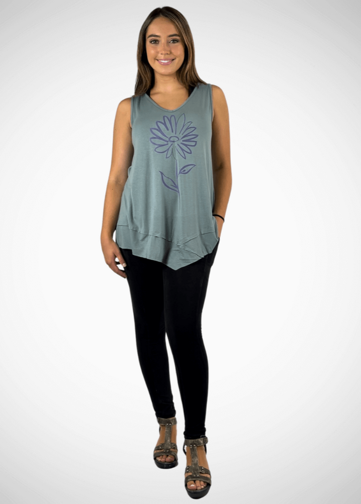 USA Made Women's Daisy Flower Graphic Light Sage Sleeveless V-Neck Asymmetrical Top  | Classy Cozy Cool Women's American Made Boutique